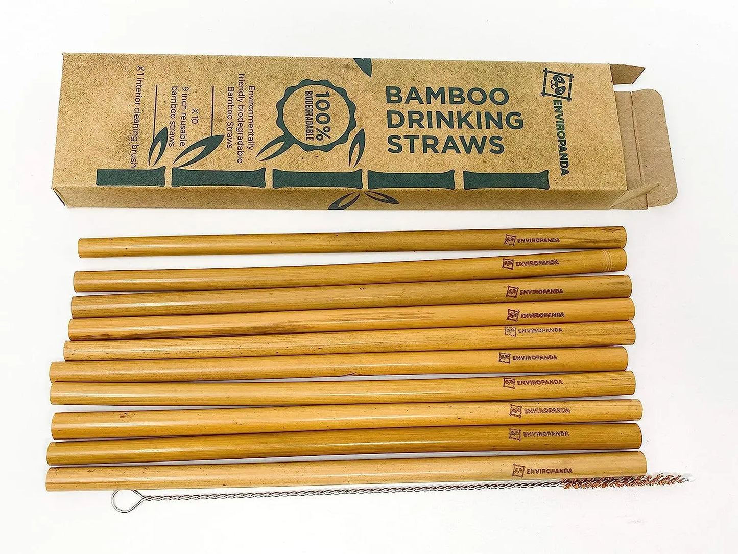 10 9" EnviroPanda Bamboo Drinking Straws with 1 Coconut Bristle Cleaning Brush - Reusable Organic Sustainable Biodegradable - 100% Natural Eco-Friendly – Plastic Free – No Ink or Dye