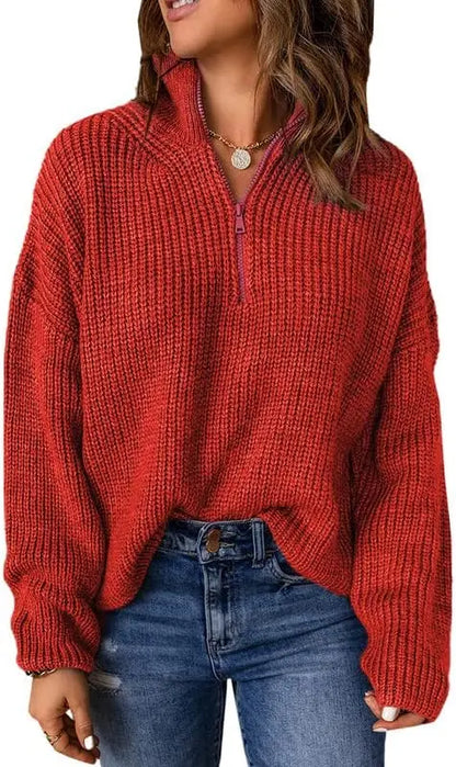 Womens Sweater Long Sleeve 1/4 Zip Pullover Polo V Neck Casual Top