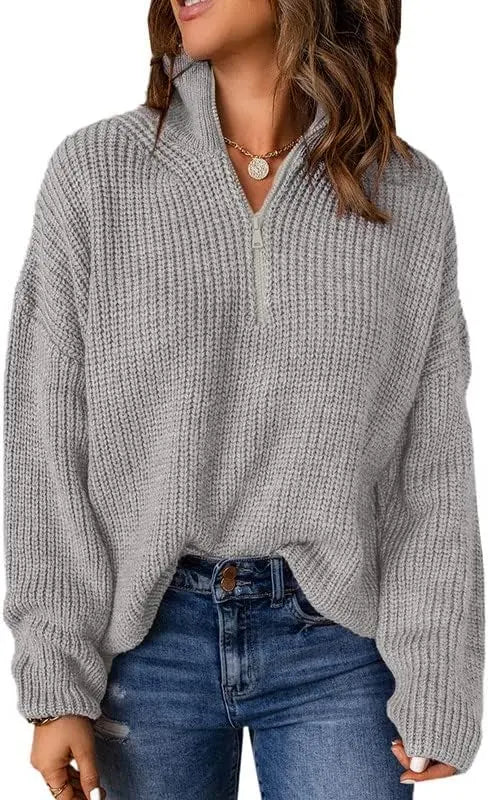 Womens Sweater Long Sleeve 1/4 Zip Pullover Polo V Neck Casual Top