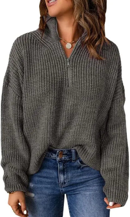 Womens Sweater Long Sleeve 1/4 Zip Pullover Polo V Neck Casual Top