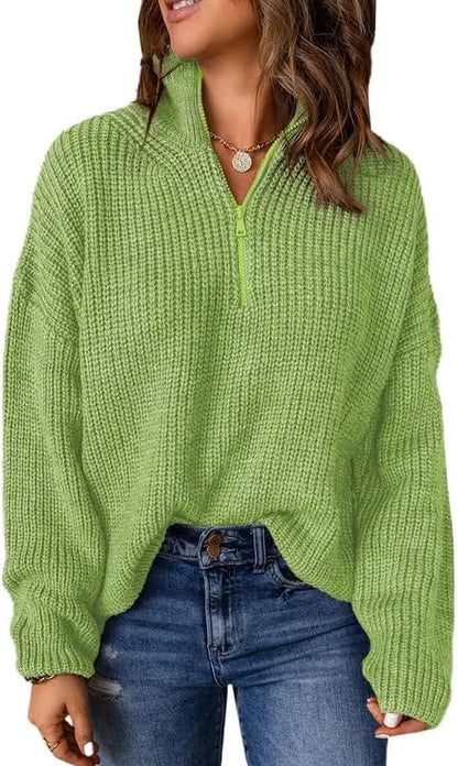 Womens Sweater Long Sleeve 1/4 Zip Pullover Polo V Neck Casual Top