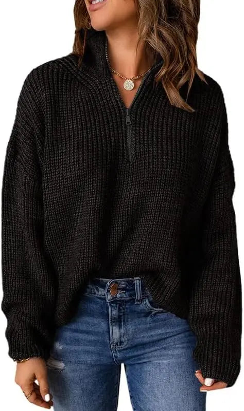 Womens Sweater Long Sleeve 1/4 Zip Pullover Polo V Neck Casual Top