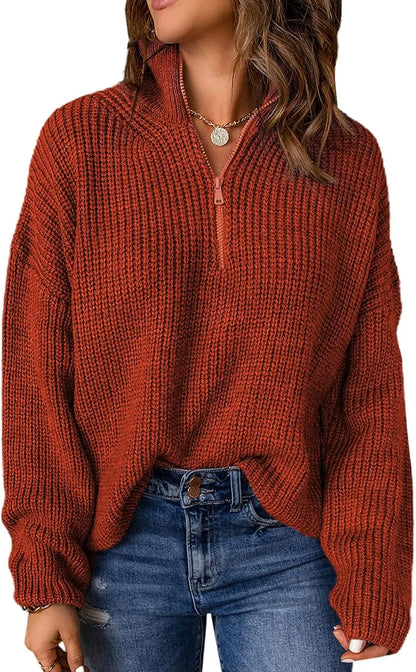 Womens Sweater Long Sleeve 1/4 Zip Pullover Polo V Neck Casual Top