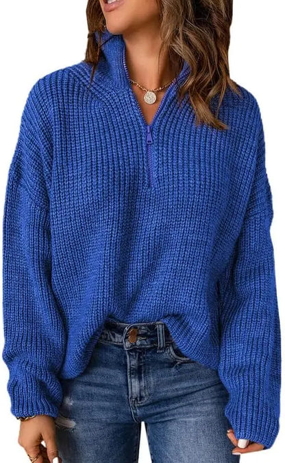 Womens Sweater Long Sleeve 1/4 Zip Pullover Polo V Neck Casual Top