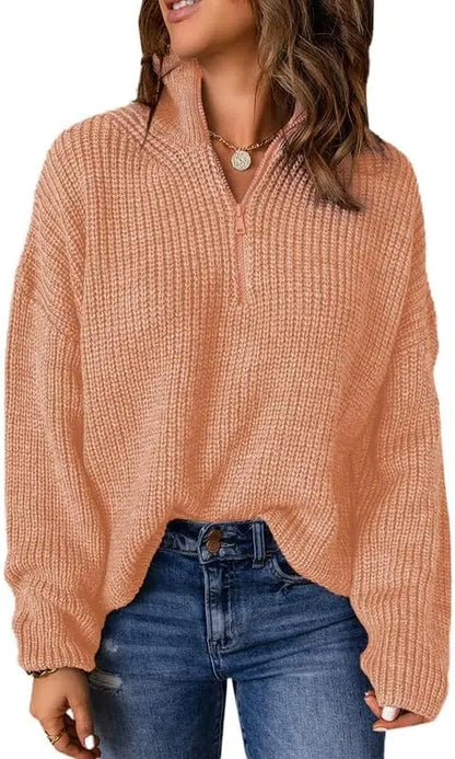 Womens Sweater Long Sleeve 1/4 Zip Pullover Polo V Neck Casual Top