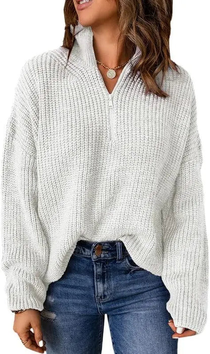 Womens Sweater Long Sleeve 1/4 Zip Pullover Polo V Neck Casual Top