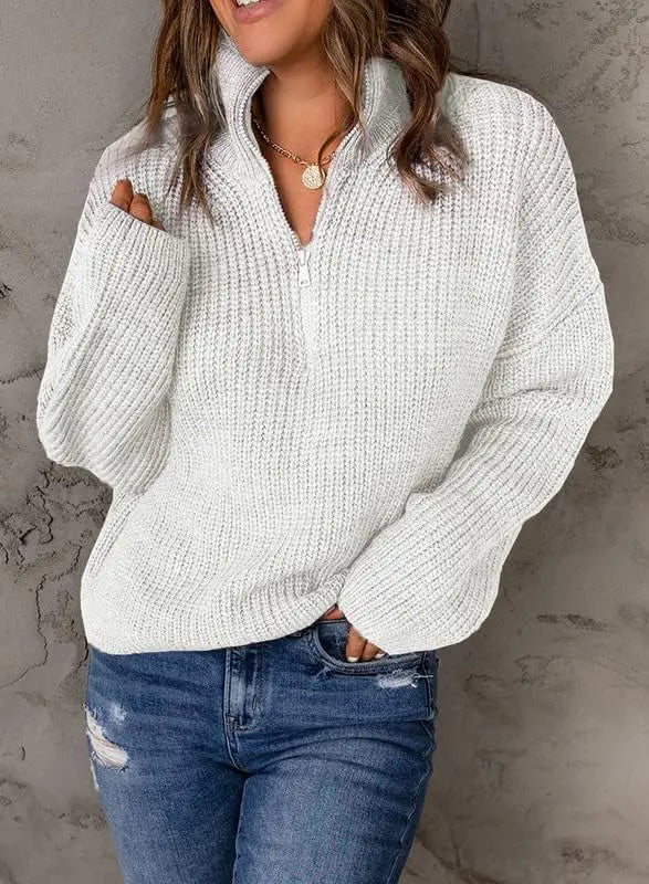 Womens Sweater Long Sleeve 1/4 Zip Pullover Polo V Neck Casual Top