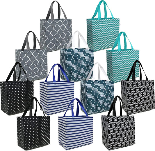 6 Pack Reusable Grocery Bags Lightweight Shopping Tote Bags with Long Handle Durable Portable Utility Bags for Groceries Supermarket Gift X-Large Foldable Cloth Bags Geometric Design