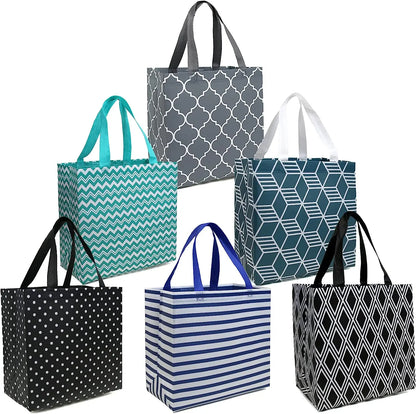 6 Pack Reusable Grocery Bags Lightweight Shopping Tote Bags with Long Handle Durable Portable Utility Bags for Groceries Supermarket Gift X-Large Foldable Cloth Bags Geometric Design