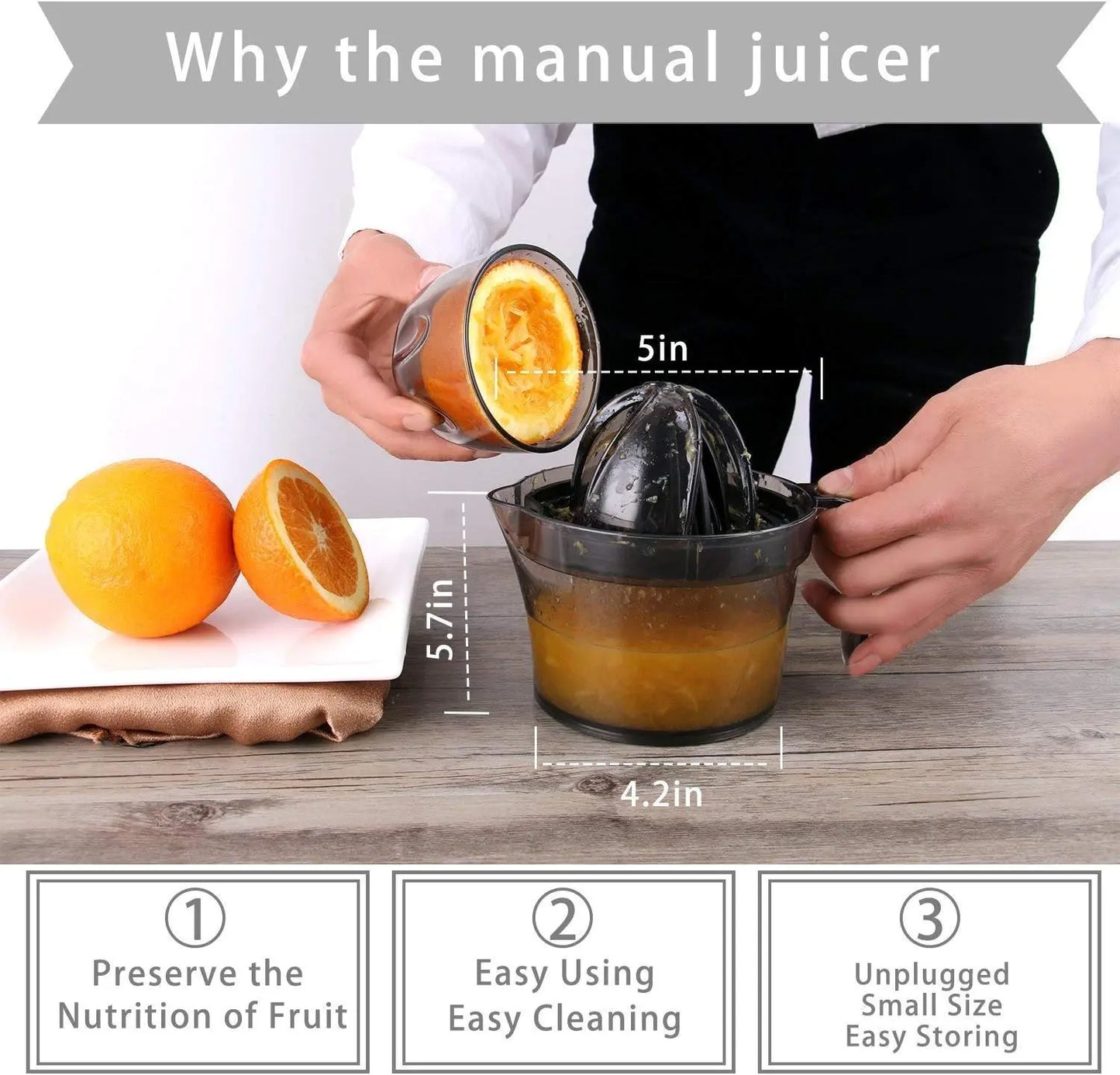 Citrus Juicer, Orange Lemon Manual Hand Squeezer, Anti-Slip Lid Rotation Reamer Lime Press, 17-Ounce Capacity, Transparent Black