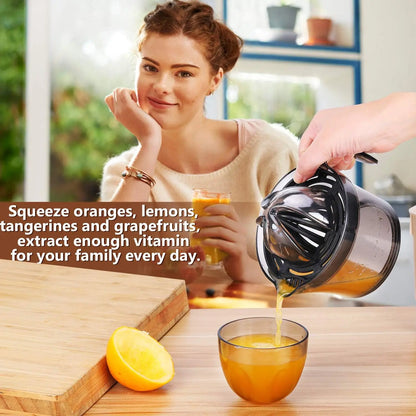 Citrus Juicer, Orange Lemon Manual Hand Squeezer, Anti-Slip Lid Rotation Reamer Lime Press, 17-Ounce Capacity, Transparent Black