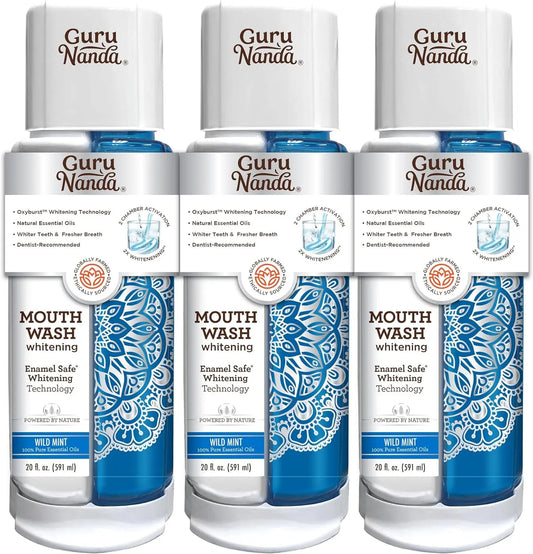 GuruNanda Dual Barrel Oxyburst Whitening Mouthwash - Contains Hydrogen Peroxide to Promote Whiter Teeth - Alcohol & Fluoride Free Rinse with 100% Natural Essential Oils, Wild Mint Flavor - 20 Flz Oz