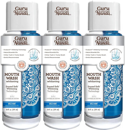 GuruNanda Dual Barrel Oxyburst Whitening Mouthwash - Contains Hydrogen Peroxide to Promote Whiter Teeth - Alcohol & Fluoride Free Rinse with 100% Natural Essential Oils, Wild Mint Flavor - 20 Flz Oz