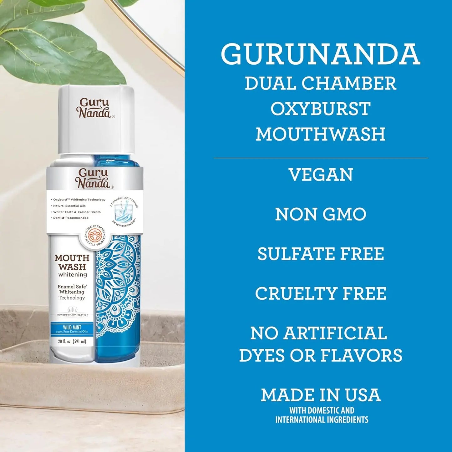 GuruNanda Dual Barrel Oxyburst Whitening Mouthwash - Contains Hydrogen Peroxide to Promote Whiter Teeth - Alcohol & Fluoride Free Rinse with 100% Natural Essential Oils, Wild Mint Flavor - 20 Flz Oz