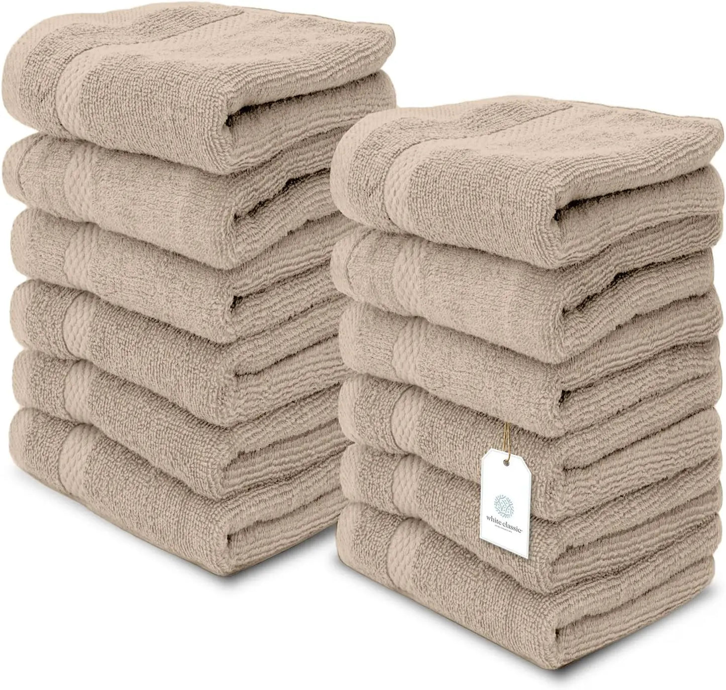 Luxury Spa Cotton Washcloths - Large Bathroom Towels | 12 Pack | White