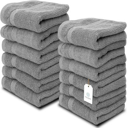 Luxury Spa Cotton Washcloths - Large Bathroom Towels | 12 Pack | White