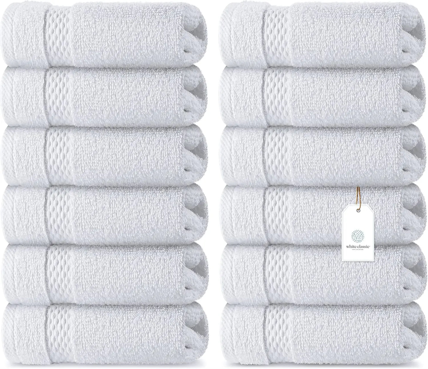 Luxury Spa Cotton Washcloths - Large Bathroom Towels | 12 Pack | White