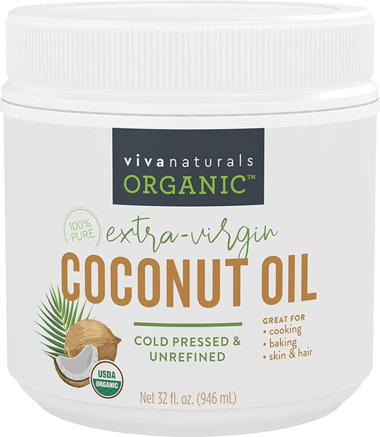 Viva Naturals Organic Coconut Oil, Cold-Pressed - Natural Hair /Skin Oil and Cooking Oil with Fresh Flavor, Non-GMO Unrefined Extra Virgin(Aceite de Coco), USDA Organic, 16 oz