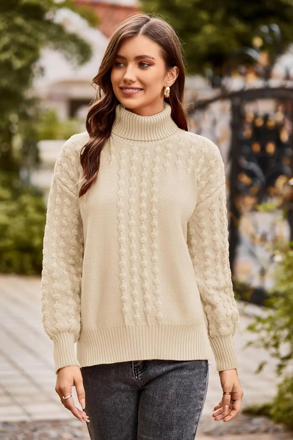 Textured Turtle Neck Pullover Sweater for Women