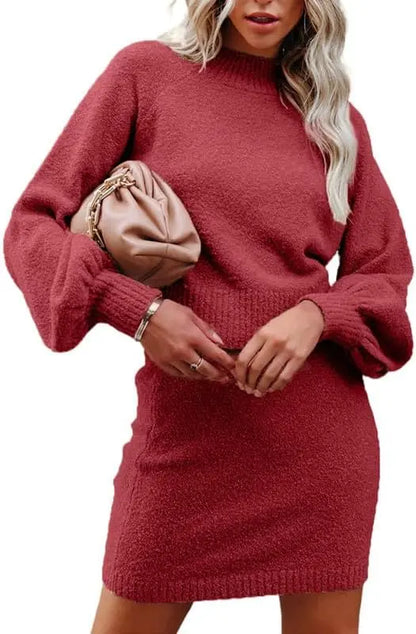 Women's 2 Piece Outfits Sweater Set Puff Long Sleeve Knit Cropped Top and Bodycon Skirt Dress