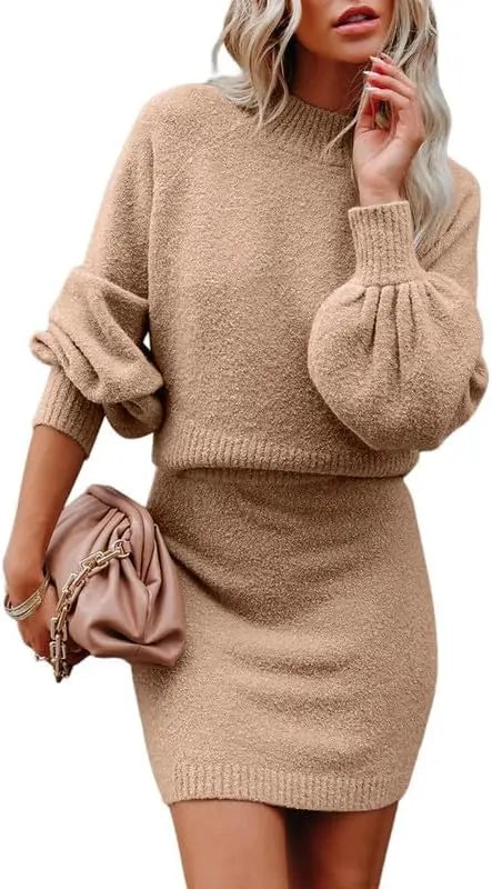 Women's 2 Piece Outfits Sweater Set Puff Long Sleeve Knit Cropped Top and Bodycon Skirt Dress