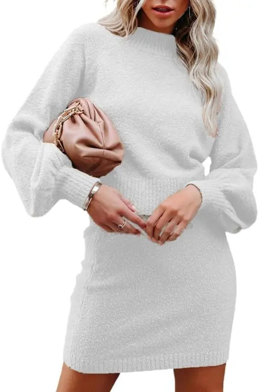 Women's 2 Piece Outfits Sweater Set Puff Long Sleeve Knit Cropped Top and Bodycon Skirt Dress