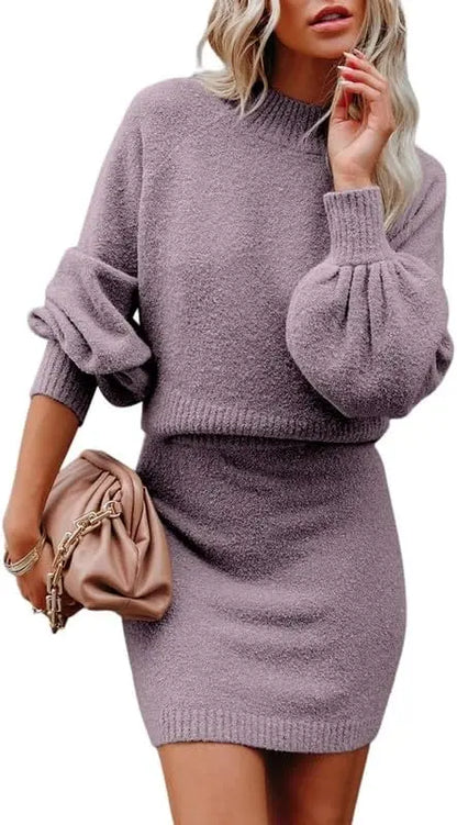 Women's 2 Piece Outfits Sweater Set Puff Long Sleeve Knit Cropped Top and Bodycon Skirt Dress