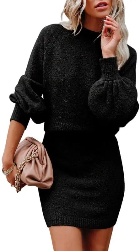 Women's 2 Piece Outfits Sweater Set Puff Long Sleeve Knit Cropped Top and Bodycon Skirt Dress