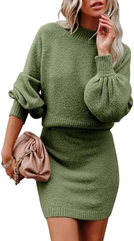 Women's 2 Piece Outfits Sweater Set Puff Long Sleeve Knit Cropped Top and Bodycon Skirt Dress