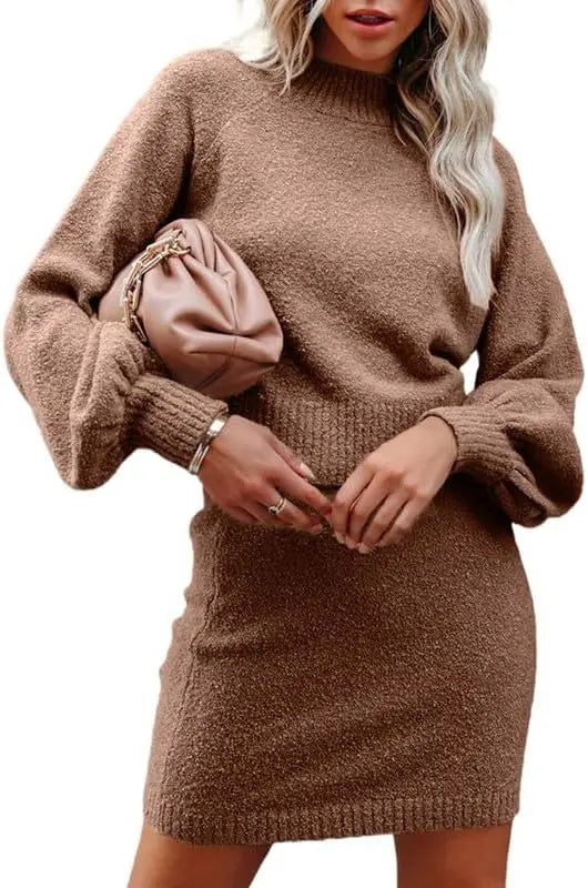 Women's 2 Piece Outfits Sweater Set Puff Long Sleeve Knit Cropped Top and Bodycon Skirt Dress