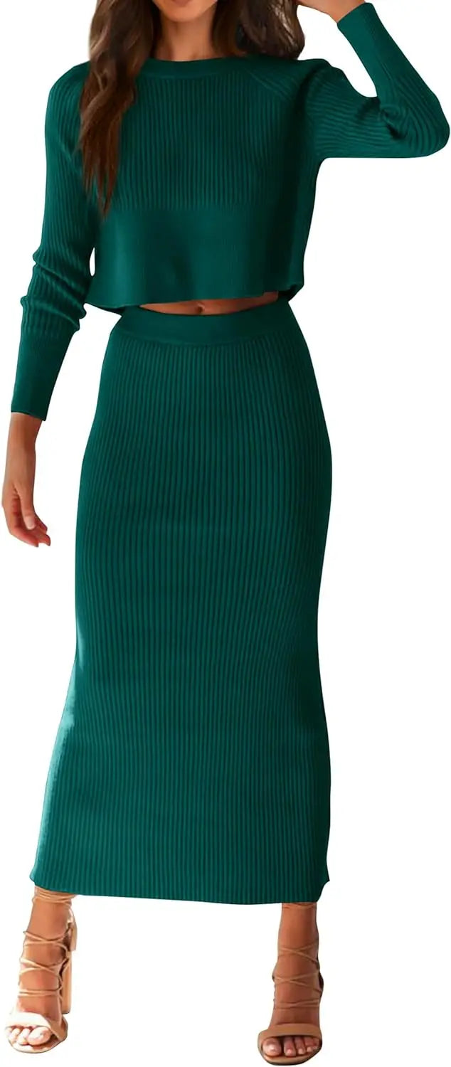 Women's Fall 2 Piece Sweater Set Rib Knit Long Sleeve Crop Top Maxi Bodycon Skirt Casual