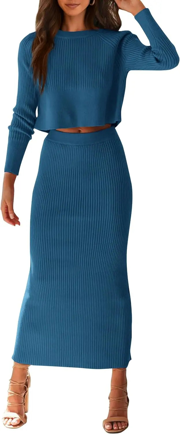 Women's Fall 2 Piece Sweater Set Rib Knit Long Sleeve Crop Top Maxi Bodycon Skirt Casual