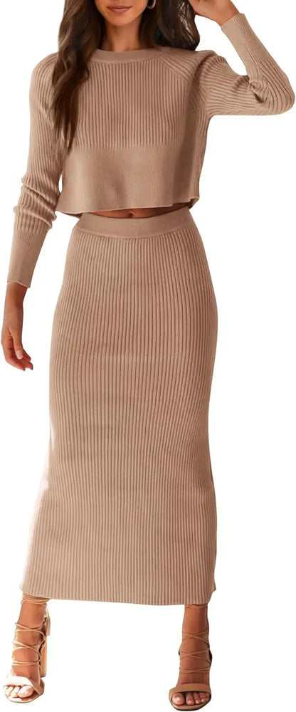 Women's Fall 2 Piece Sweater Set Rib Knit Long Sleeve Crop Top Maxi Bodycon Skirt Casual