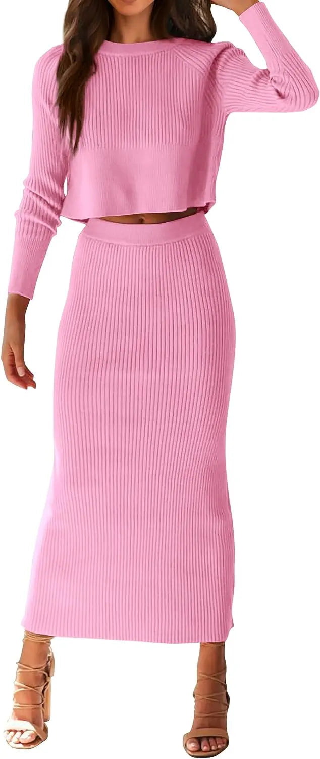 Women's Fall 2 Piece Sweater Set Rib Knit Long Sleeve Crop Top Maxi Bodycon Skirt Casual