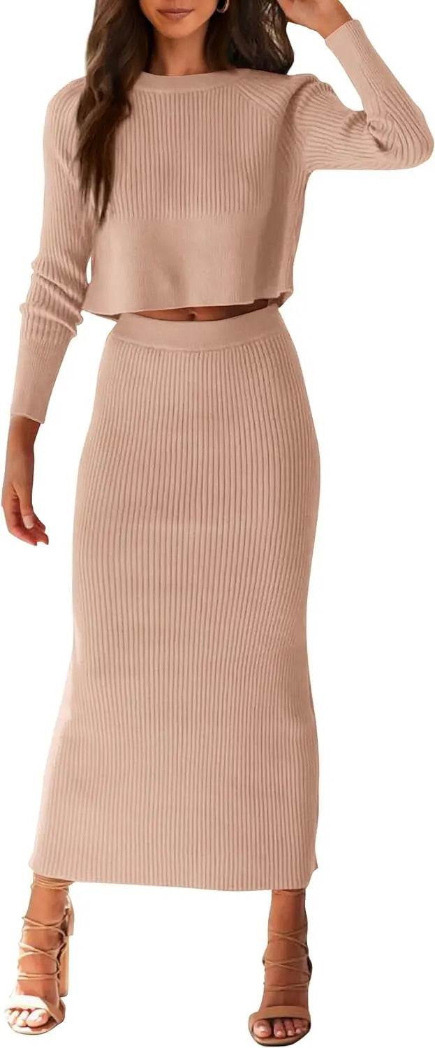 Women's Fall 2 Piece Sweater Set Rib Knit Long Sleeve Crop Top Maxi Bodycon Skirt Casual