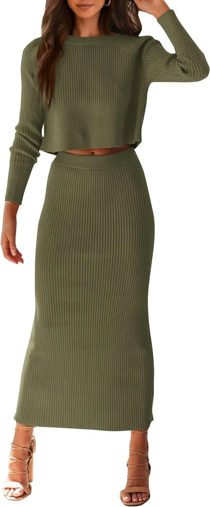 Women's Fall 2 Piece Sweater Set Rib Knit Long Sleeve Crop Top Maxi Bodycon Skirt Casual