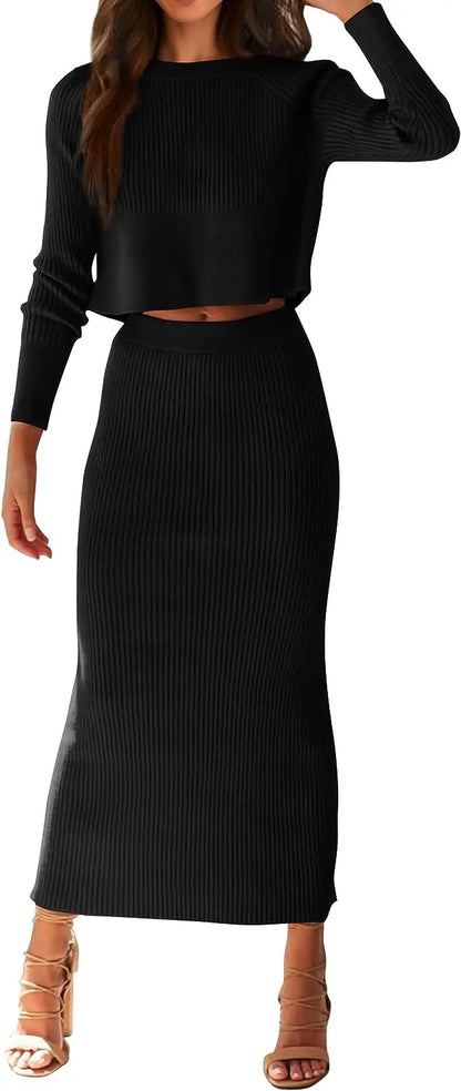 Women's Fall 2 Piece Sweater Set Rib Knit Long Sleeve Crop Top Maxi Bodycon Skirt Casual