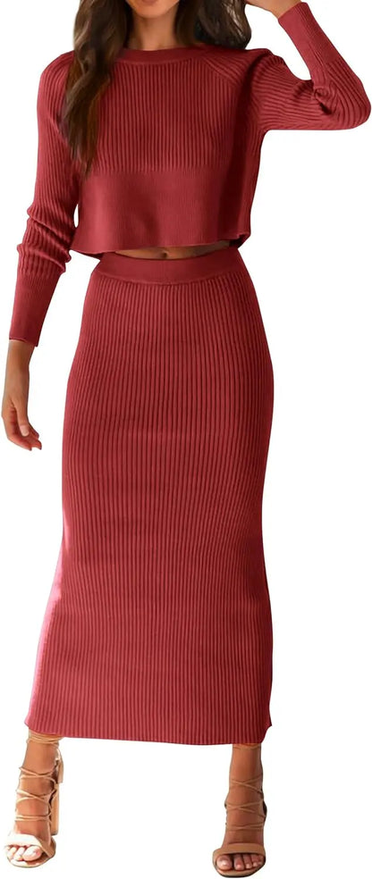 Women's Fall 2 Piece Sweater Set Rib Knit Long Sleeve Crop Top Maxi Bodycon Skirt Casual