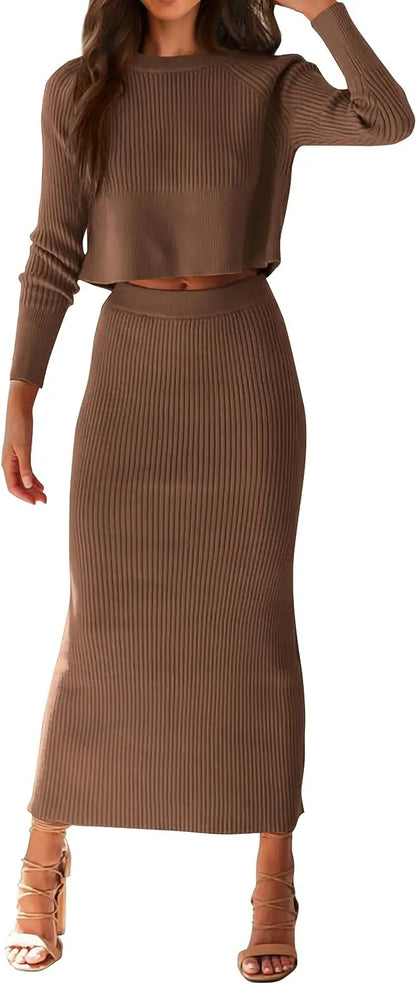 Women's Fall 2 Piece Sweater Set Rib Knit Long Sleeve Crop Top Maxi Bodycon Skirt Casual