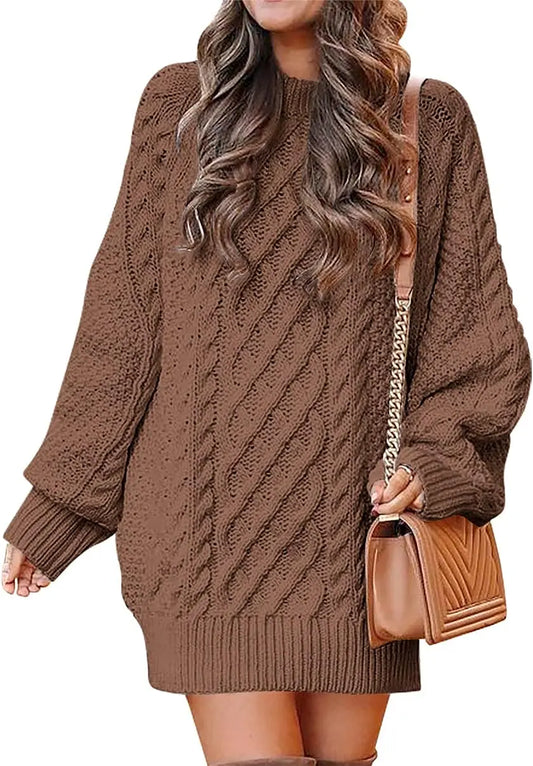 Women's Fall Crewneck Long Sleeve Oversized Cable Knit Sweater Dresses