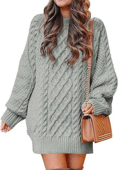 Women's Fall Crewneck Long Sleeve Oversized Cable Knit Sweater Dresses