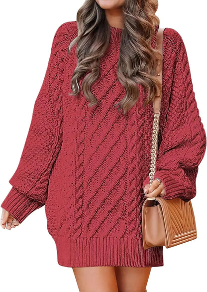 Women's Fall Crewneck Long Sleeve Oversized Cable Knit Sweater Dresses