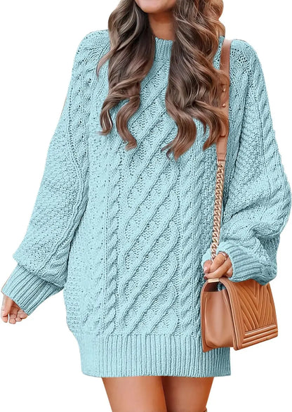 Women's Fall Crewneck Long Sleeve Oversized Cable Knit Sweater Dresses