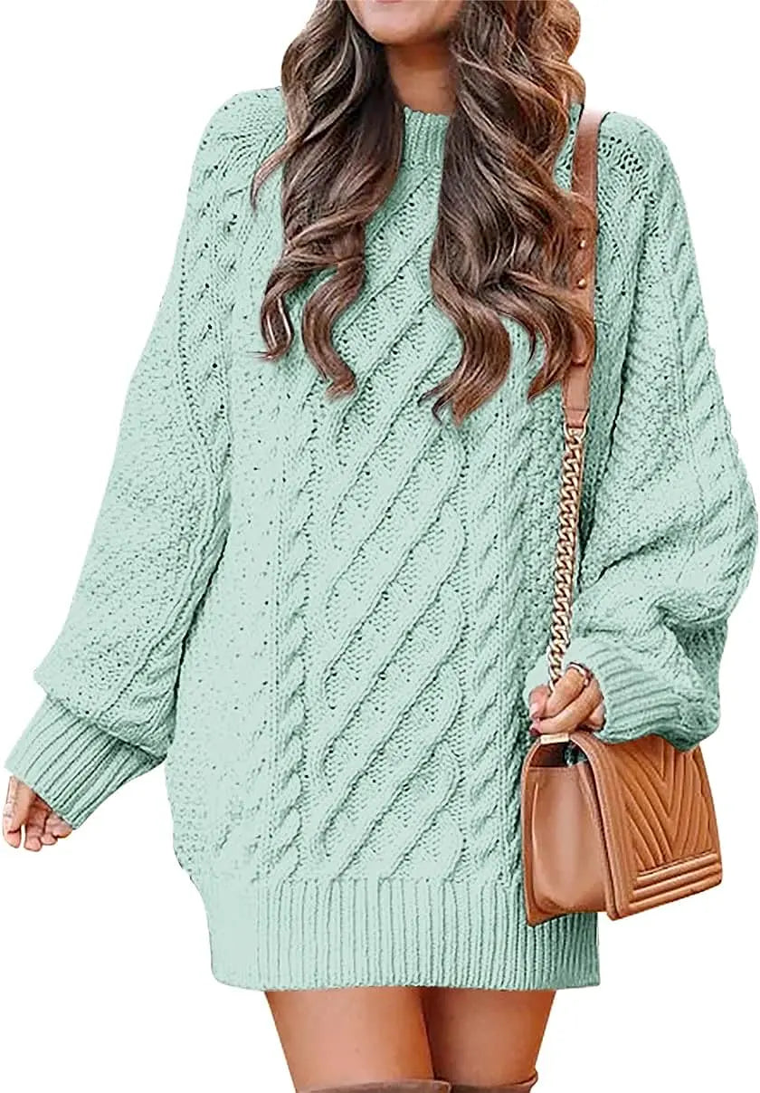 Women's Fall Crewneck Long Sleeve Oversized Cable Knit Sweater Dresses