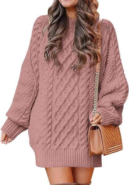 Women's Fall Crewneck Long Sleeve Oversized Cable Knit Sweater Dresses