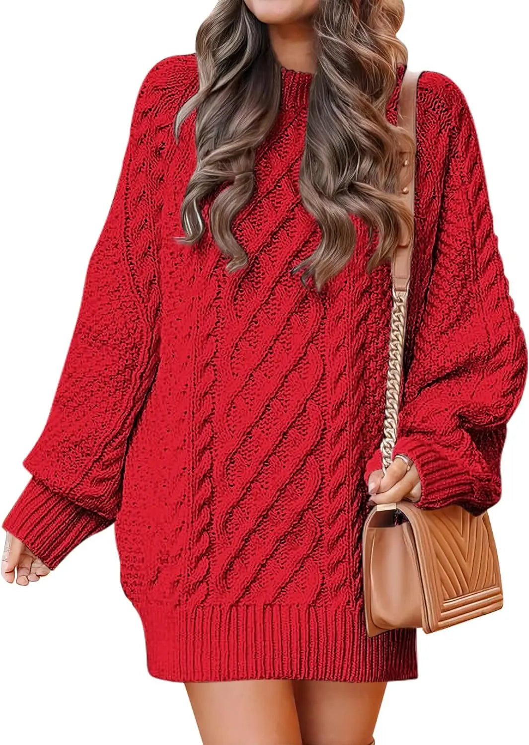 Women's Fall Crewneck Long Sleeve Oversized Cable Knit Sweater Dresses