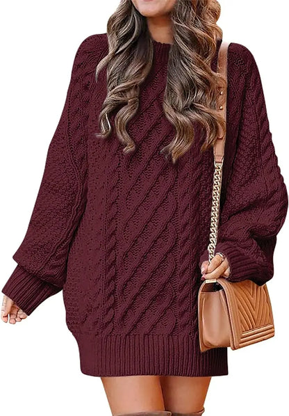 Women's Fall Crewneck Long Sleeve Oversized Cable Knit Sweater Dresses