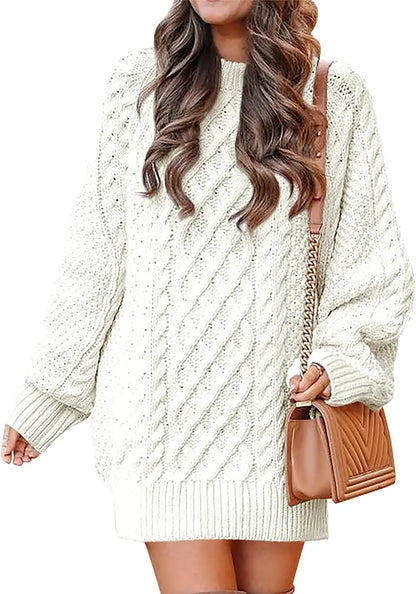 Women's Fall Crewneck Long Sleeve Oversized Cable Knit Sweater Dresses