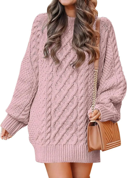 Women's Fall Crewneck Long Sleeve Oversized Cable Knit Sweater Dresses