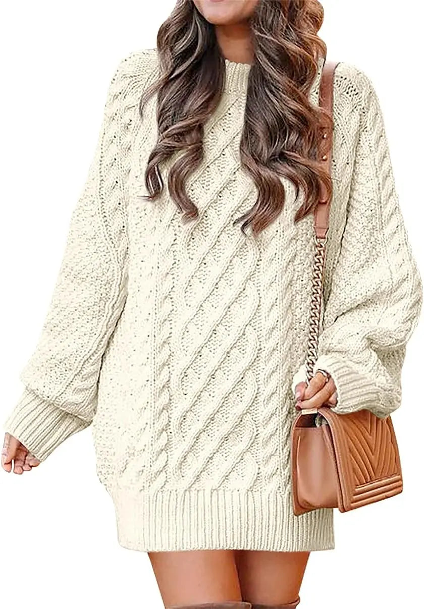 Women's Fall Crewneck Long Sleeve Oversized Cable Knit Sweater Dresses